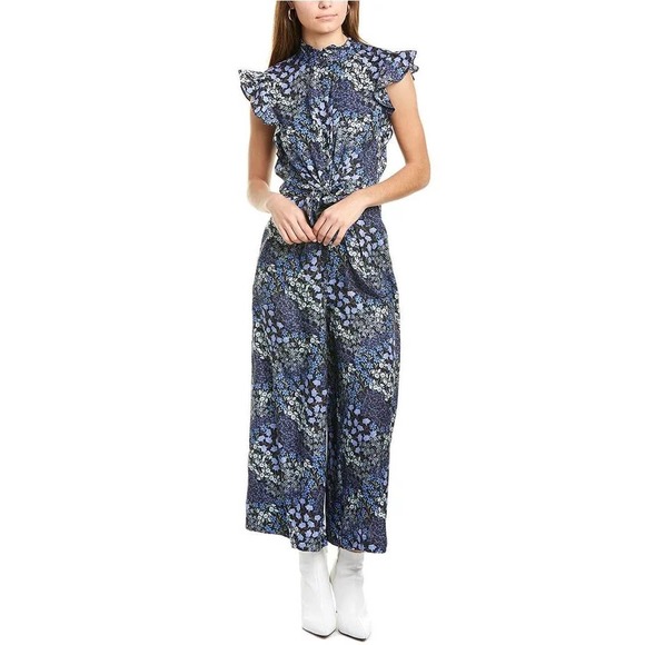 Rebecca Taylor Ava Silk Navy Blue Floral Print Crop Wide Leg Jumpsuit Size 2 - Picture 1 of 8